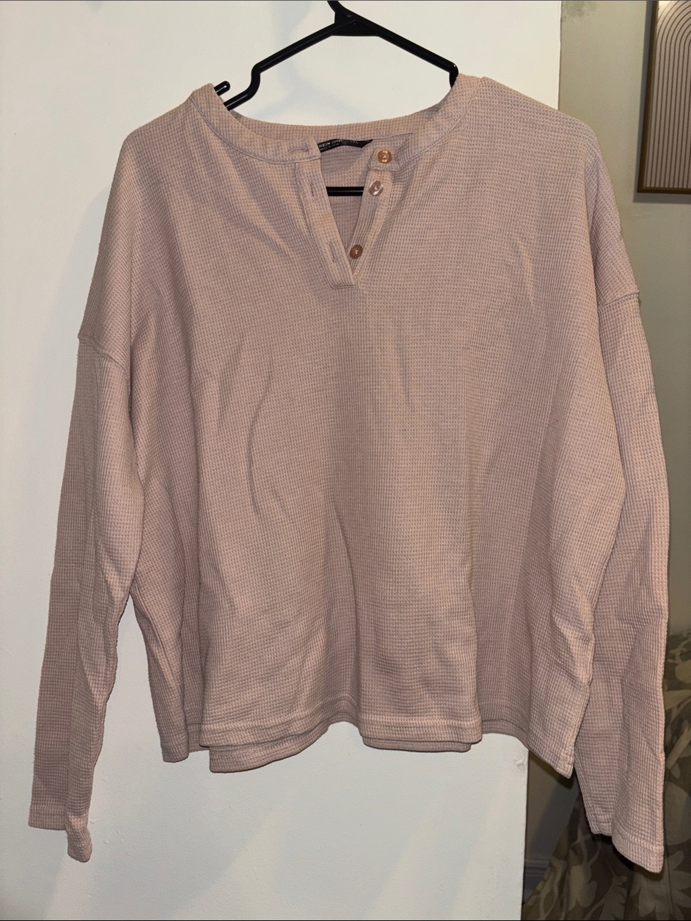 SHEIN Light Pink Waffle-Knit Henley Sweater